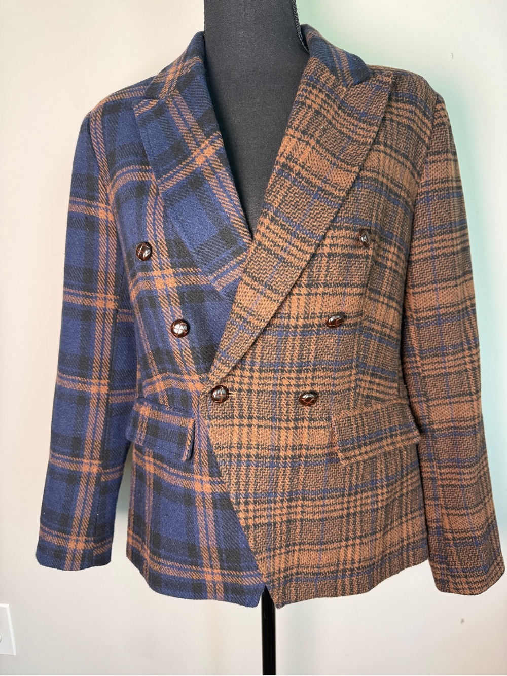 Sam Edelman Colorblock Mixed Plaid Double Breasted Blazer Jacket Sz S